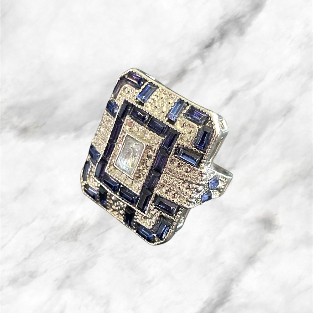 Art Deco Silver and Sapphire Blue Ring
